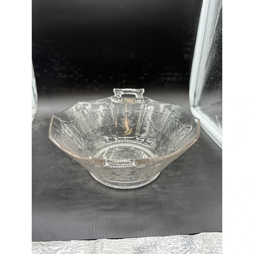 Vintage‎ Clear Etched Glass Octagonal Serving Bowl Floral Geometric Dual Handles